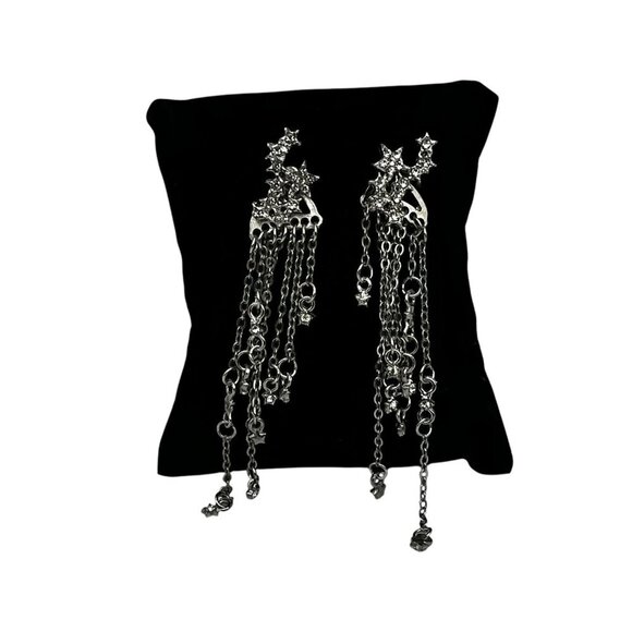 Cubic Zirconia Star Tassel Dangle Drop Earrings Silver-Tone Long Chain Design - Picture 6 of 8